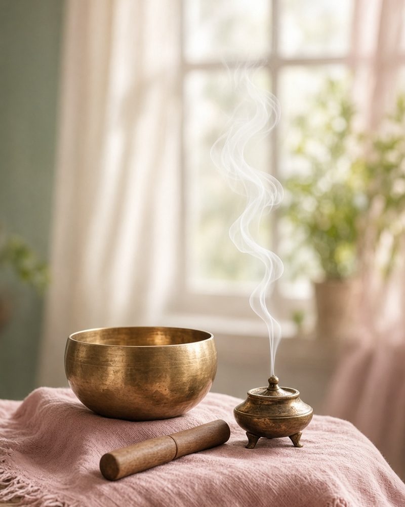 Bol chantant et encens — image d'ambiance évoquant un temps de soin
