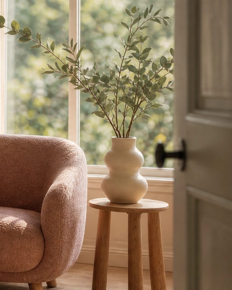 Vase de branches d'olivier près d'une fenêtre — image d'ambiance